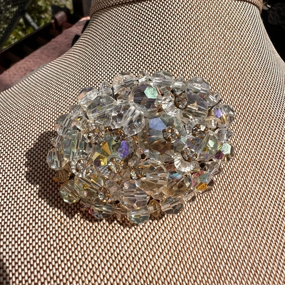 Vintage 1960s AB Rivoli Crystal Brooch Pin Silver Tone Prong pin Brooch